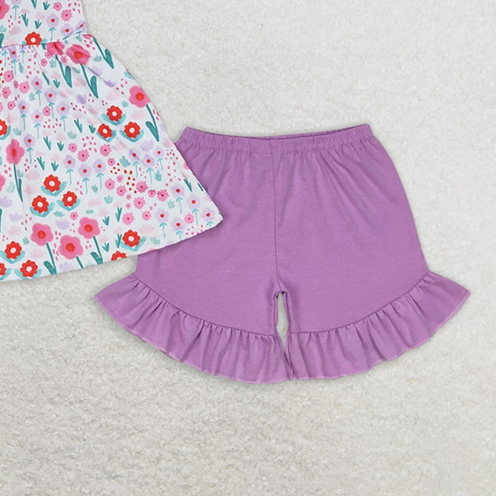 GSSO0992 RTS NO MOQ Baby Girls Summer Outfits Flower purple lace bow sleeveless shorts set