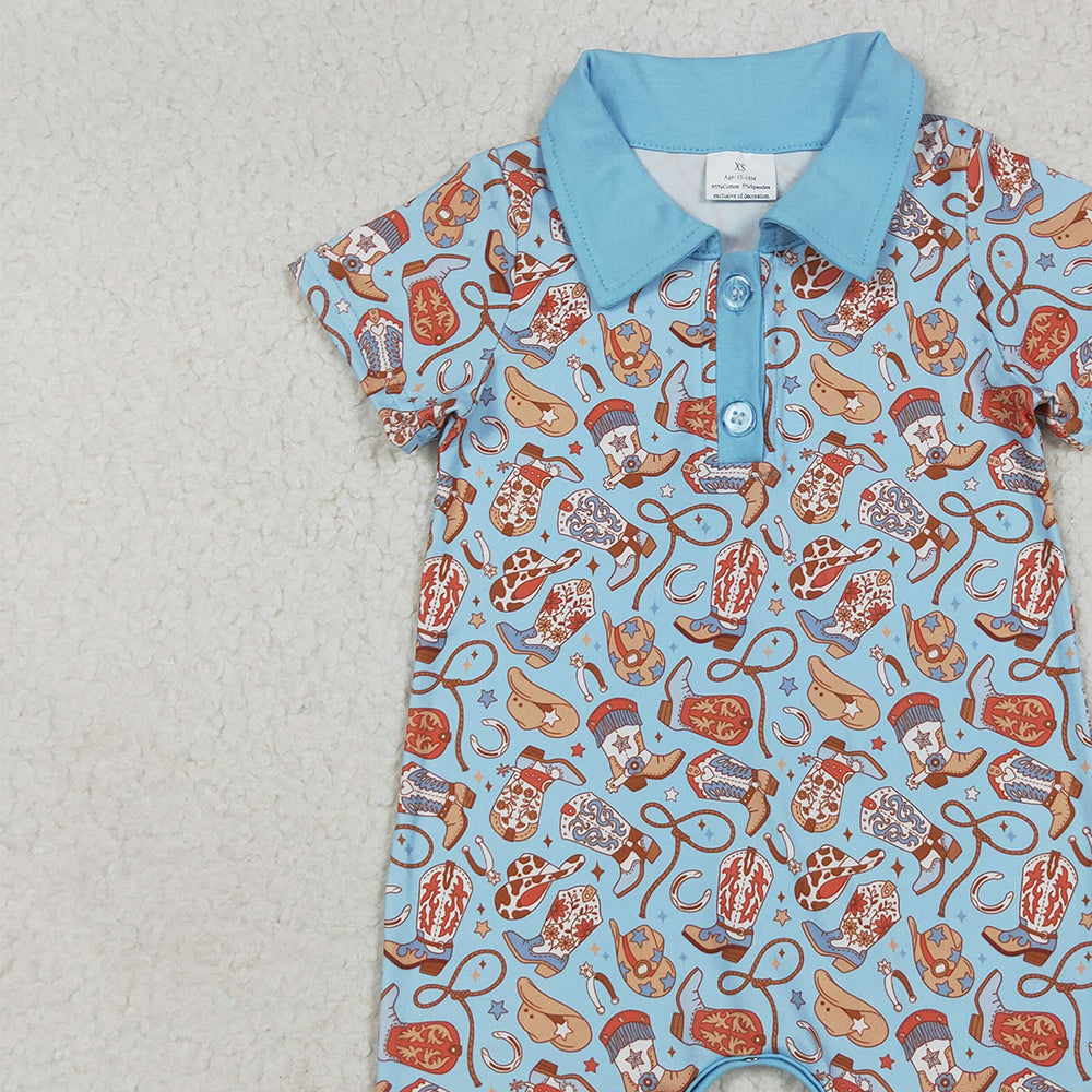 8.18  SR3128 RTS NO MOQ Baby Boys Summer Rompers Baby Kids Blue Short Sleeves Boots Hats Button Rompers