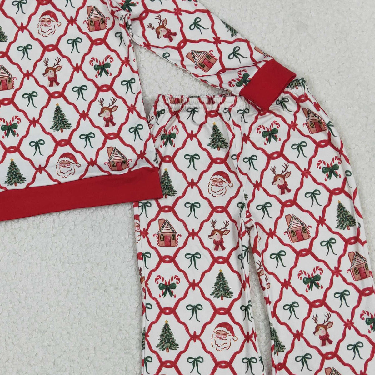 11.13 RTS NO MOQ （In stock）GLP2878 Baby Girls Red Bows Santa Checked Top Flare Pants Christmas Clothes Sets