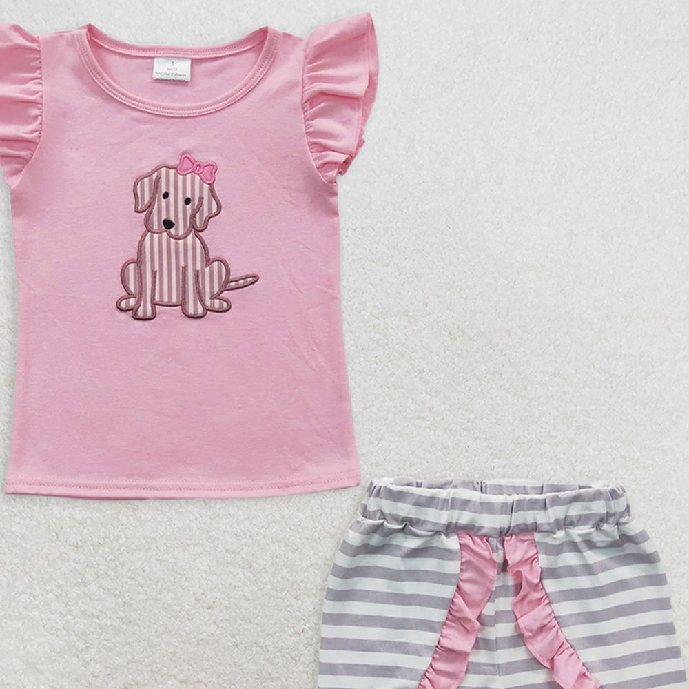 GSSO0223RTS NO MOQ Baby Girls Summer Outfits Pink dog shirt stripe shorts kids girls outfits