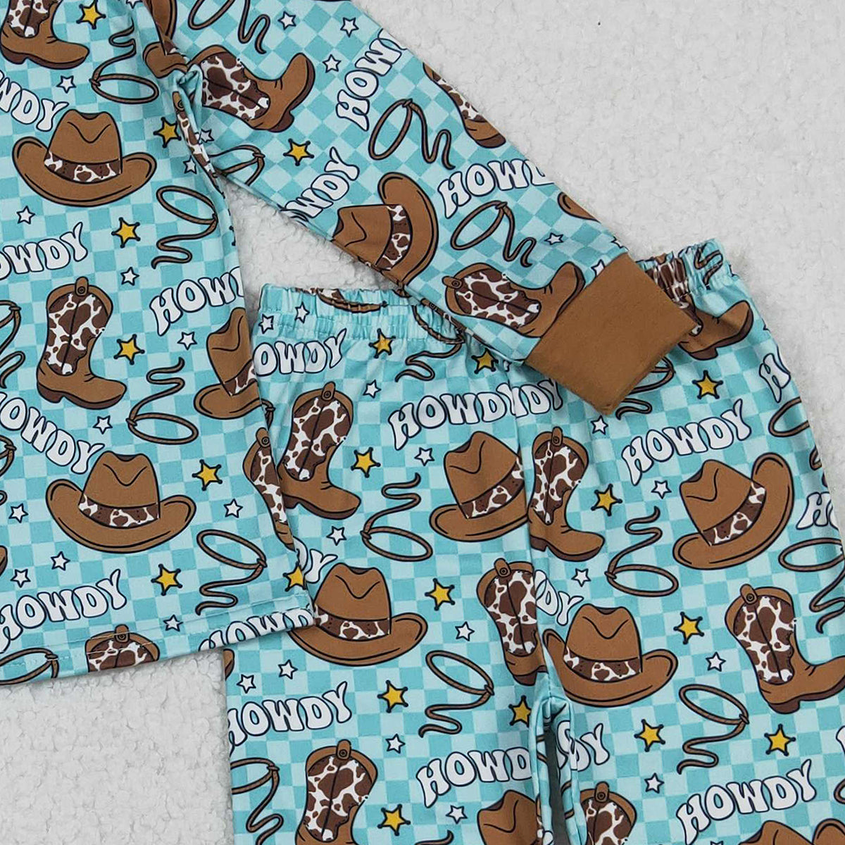 10.27 RTS NO MOQ （In stock）BLP1207 Baby Boys Winter Outfits Baby Boys Checked Howdy Hats Top Pants Western Pajamas Set