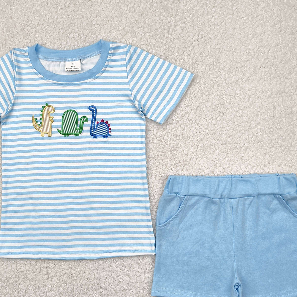 BSSO1375 RTS NO MOQ Baby Boys Summer Boys Outfits Embroidery Baby Boys Blue Dinosaurs Shirt Tops Shorts Clothes Sets