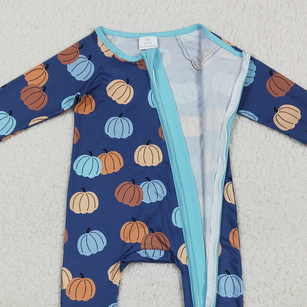 RTS NO MOQ （In stock）LR2364 Baby Boys Winter Rompers Baby Boys Long Sleeves Colorful Pumpkins Zipper Pant Rompers