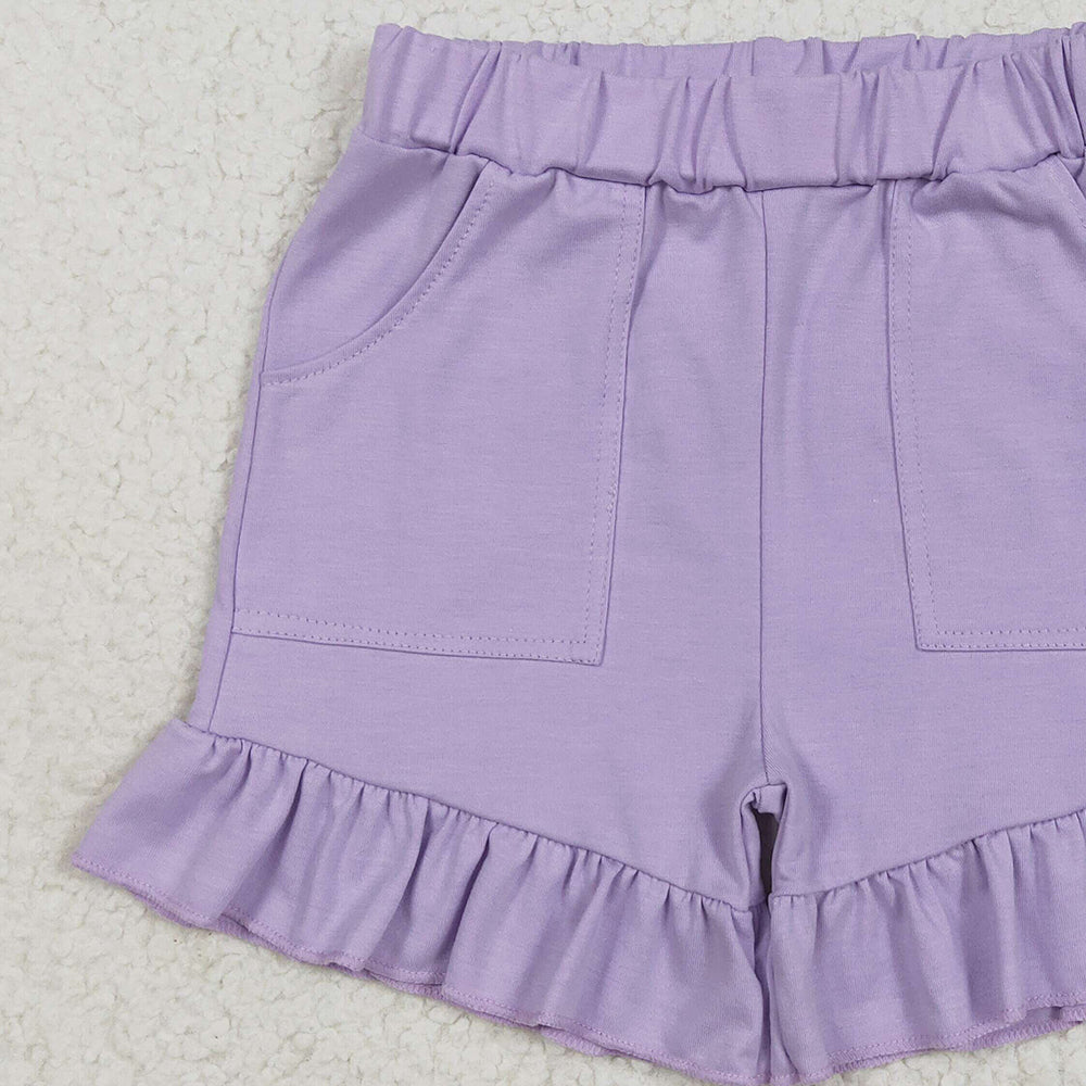 7.06 SS0561 RTS NO MOQ Baby Girls Summer Shorts Baby Girls Lavender Pockets Summer Cotton Ruffle Short Bottoms