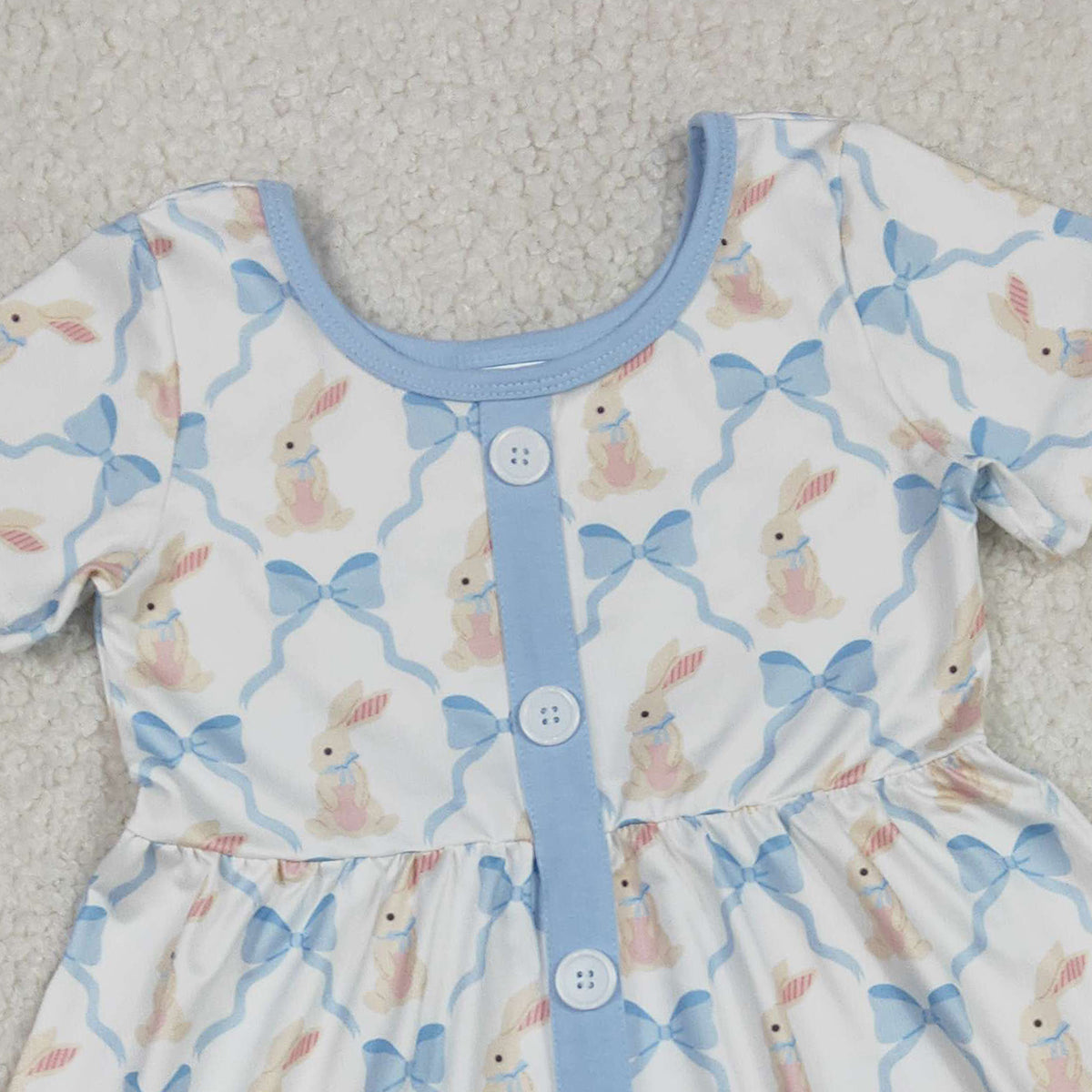 1.9 RTS NO MOQ （In stock）GSD3416 Baby Girls Bows Rabbits Checked Button Easter Ruffle Knee Length Dresses