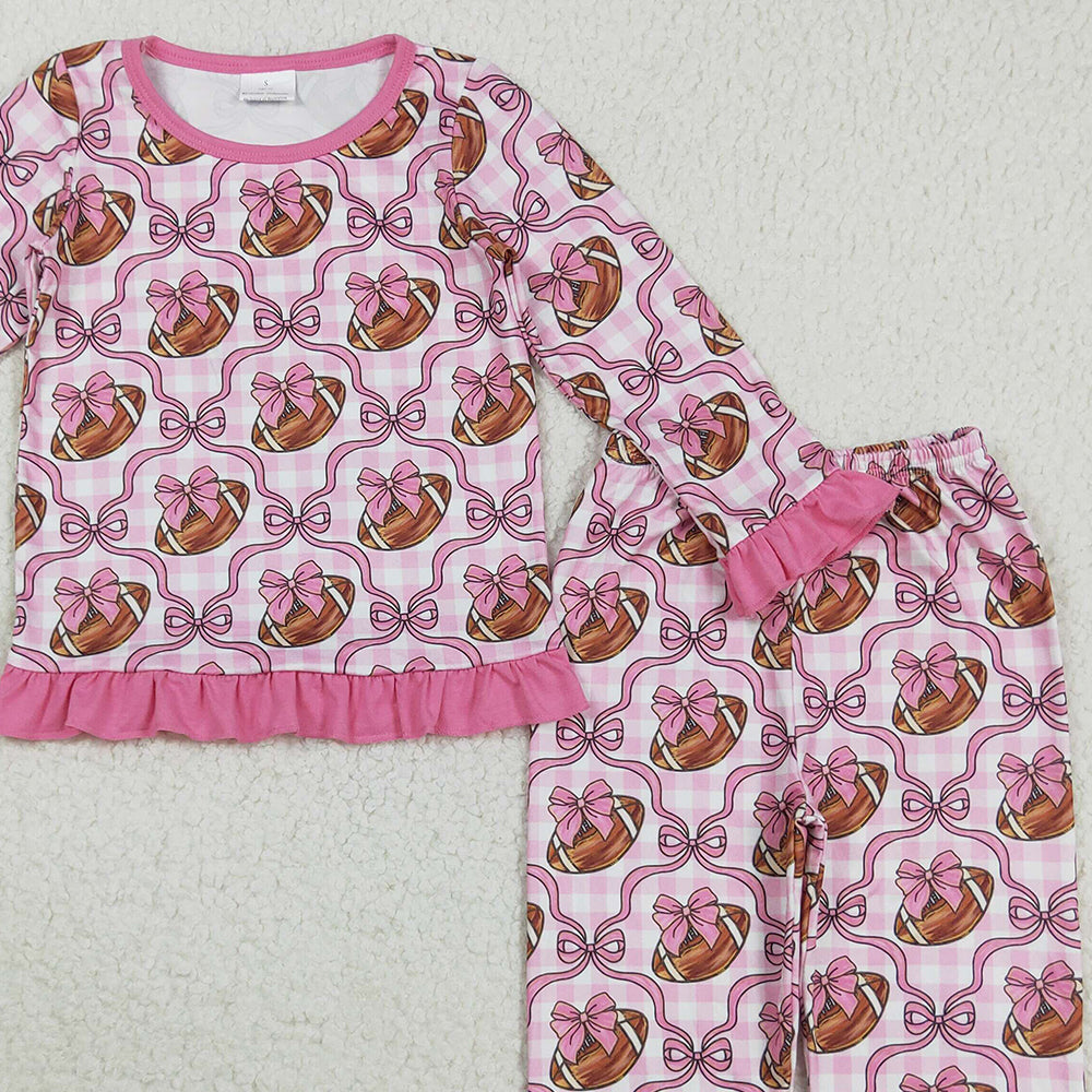 RTS NO MOQ （In stock）GLP2535 Baby Girls Winter Outfits Baby Girls Pink Bows Footballs Top Pant Team Pajamas Set