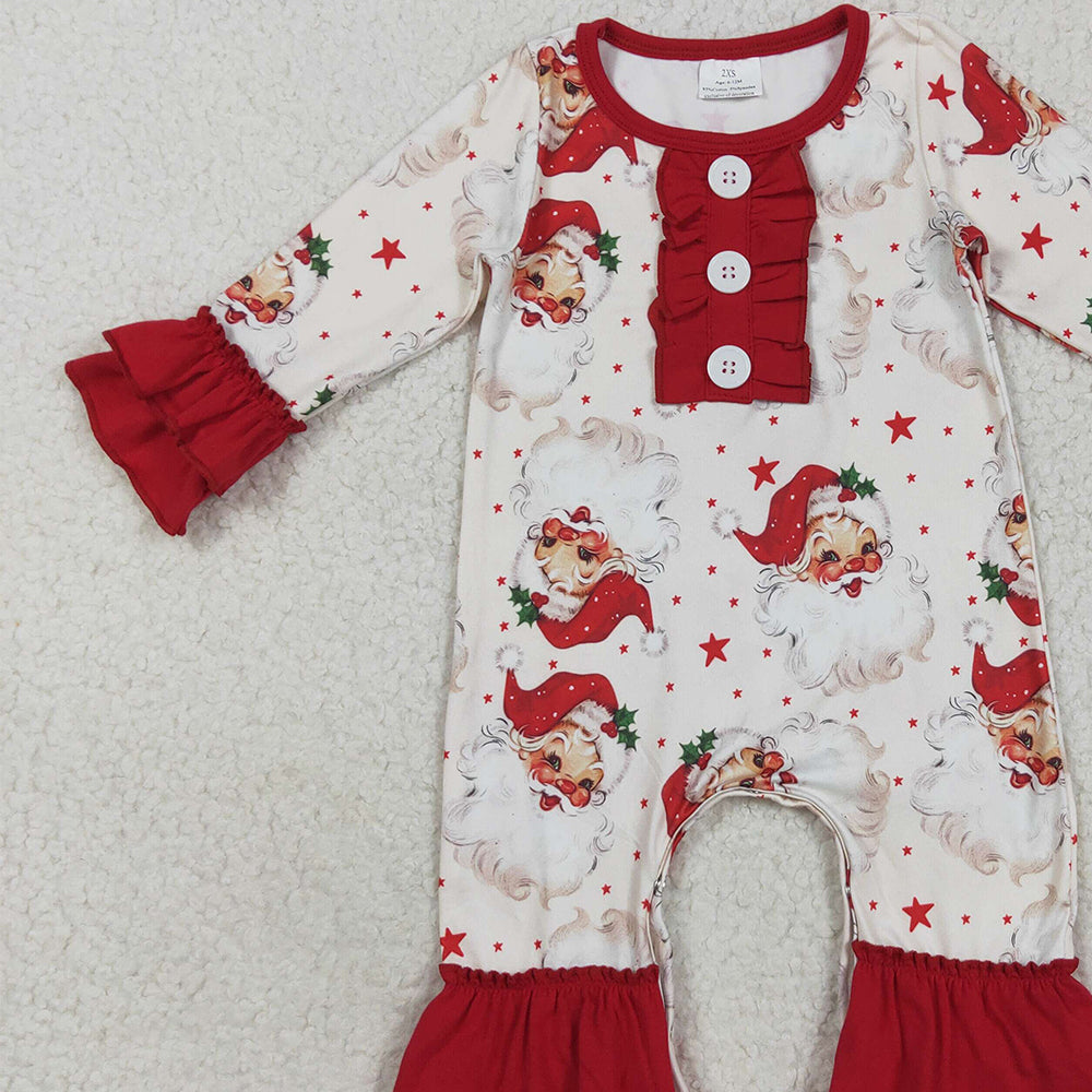 8.20 RTS NO MOQ （In stock）LR2395 Baby Girls Winter Rompers Baby Girls Christmas Long Sleeves Santa Stars Button Ruffle Rompers