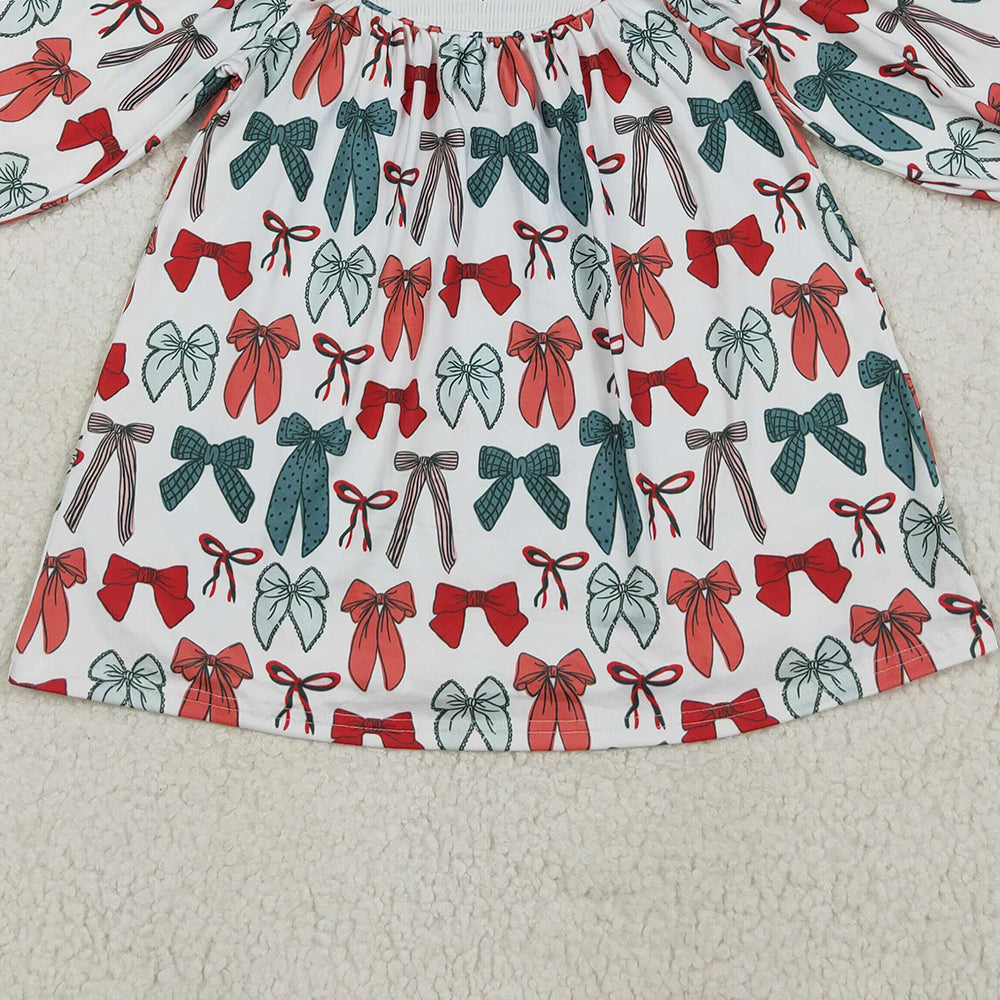 4.28 RTS NO MOQ （In stock） GLD1028 Baby Girls Winter Dress Red green bow long sleeves girls Christmas dress