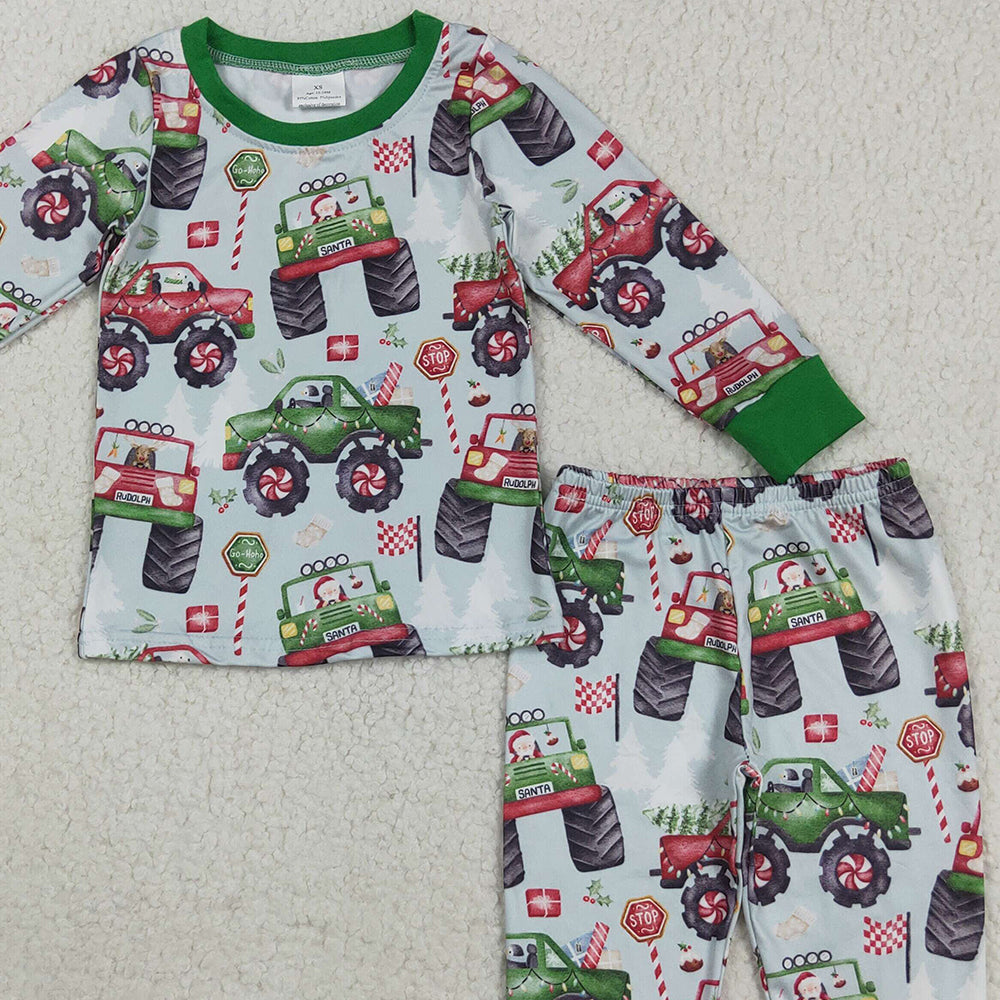 8.22 RTS NO MOQ （In stock）BLP1087 Baby Boys Winter Outfits Baby Boys Long Sleeves Trucks Trees Flags Top Pant Pajamas Set