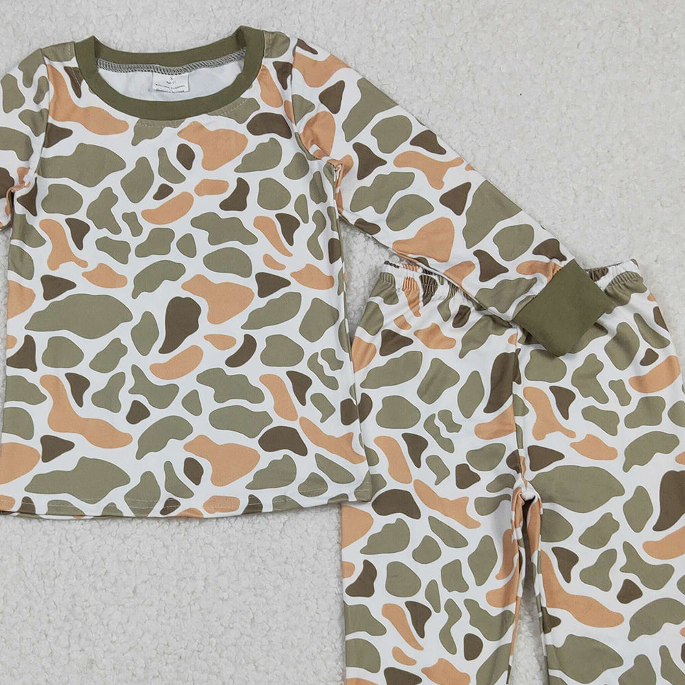 RTS NO MOQ （In stock）BLP1228 Baby Boys Winter Outfits Green Yellow Camo Top Pant Western Pajamas Set