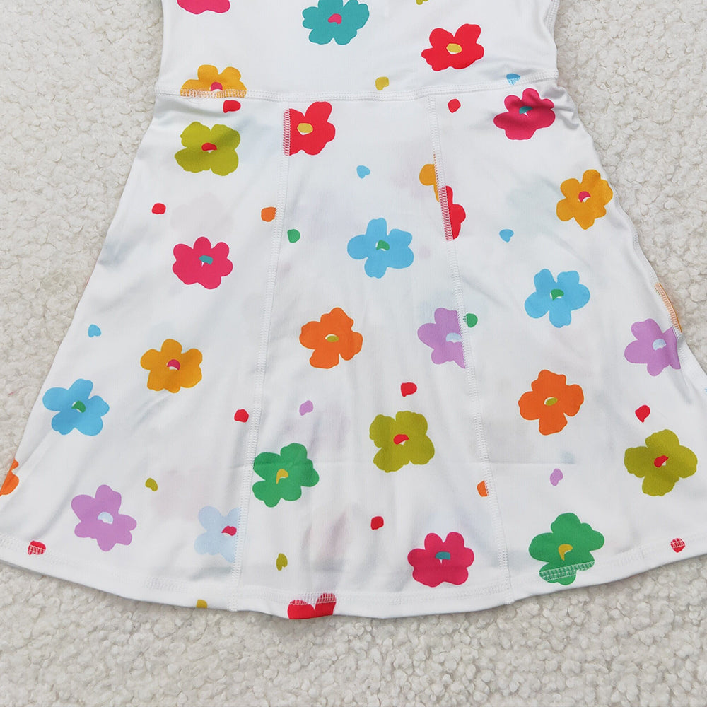5.19  GSD2346 RTS NO MOQ Baby Girls Summer Yoga Dress Sleeveless white colorful floral kids girls athletic dresses