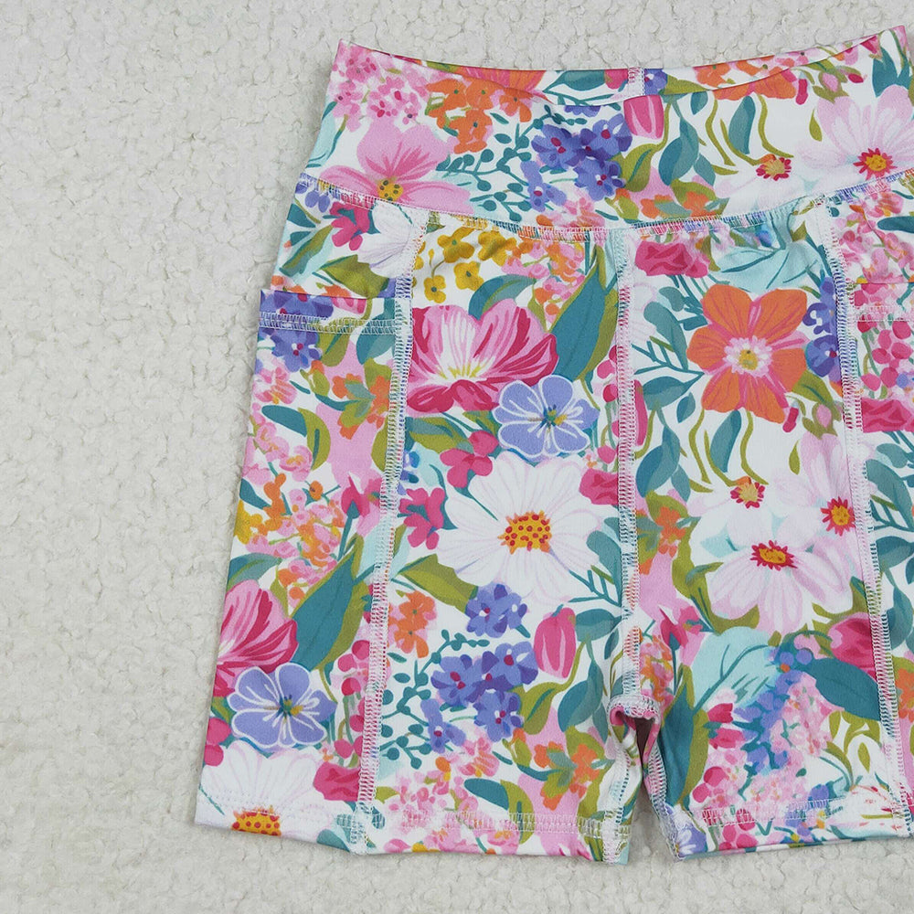 RTS NO MOQ （In stock） SS0614 Baby Girls Summer Yoga Shorts Baby Girls Pink Floral Yoga Short Bottoms