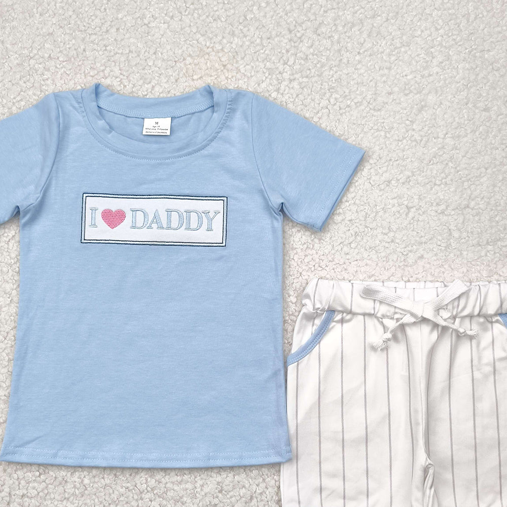 7.19 BSSO1434 RTS NO MOQ Baby Boys Summer Boys Outfits Embroidery Baby Boys Blue Short Sleeves I LOVE DADDY Top Stripe Pockets Short Set