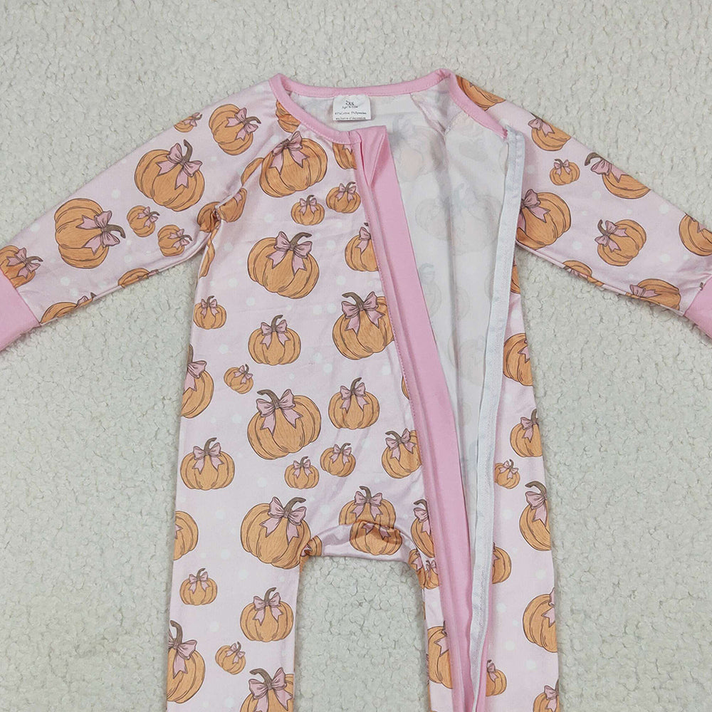 USA Shop (in stock)LR2271 Baby Girls Winter Rompers Baby Girls Long Sleeves Pink Bows Pumpkins Footie Zipper Rompers