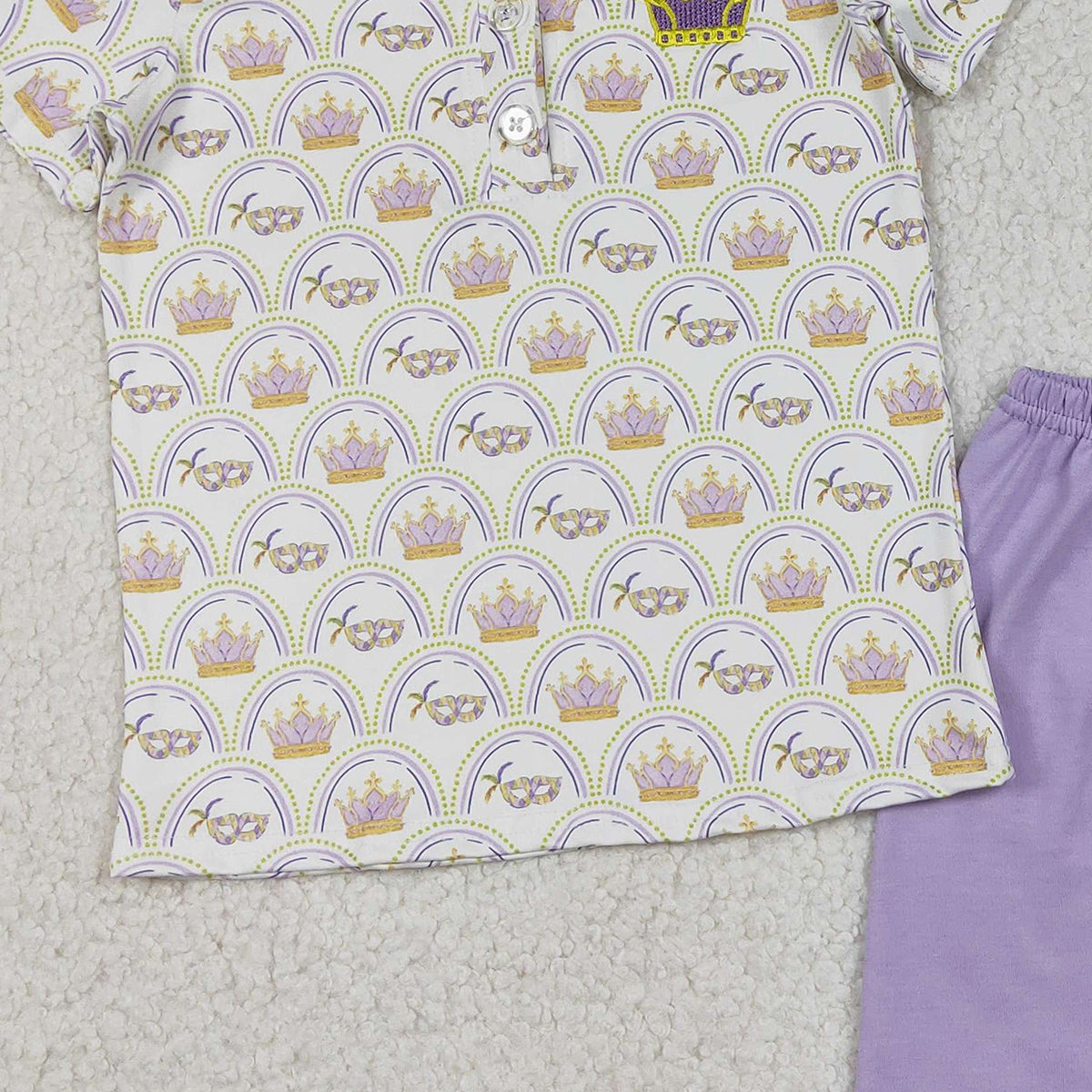 12.23 RTS NO MOQ （In stock）BSSO1565 Embroidery Crowns Baby Boys Mardigras Checked Button Polo Top Shorts Clothes Sets