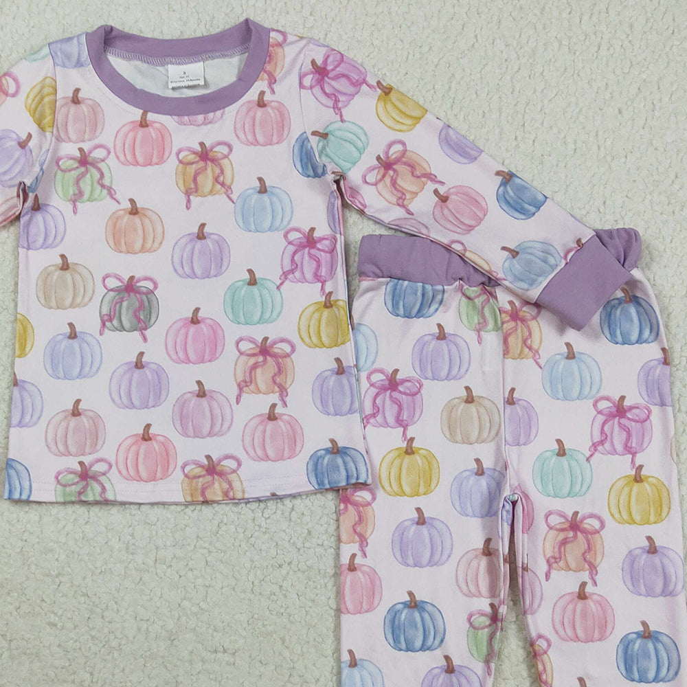 RTS NO MOQ （In stock）GLP2597 Baby Girls Winter Outfits Baby Girls Long Sleeves Colorful Bows Pumpkins Top Pant Pajamas Set