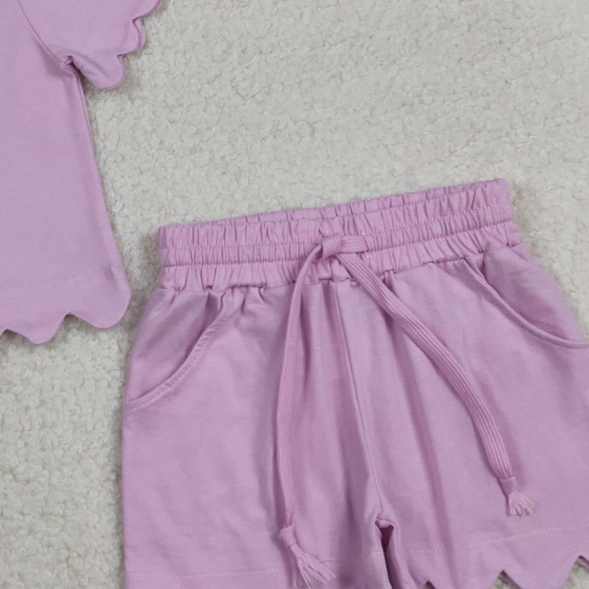 3.7 RTS NO MOQ （In stock）GSSO3173 Kids Clothing for Girls Baby Girls Lavender Short Sleeve Shirts Top Scallop Shorts Clothes Sets
