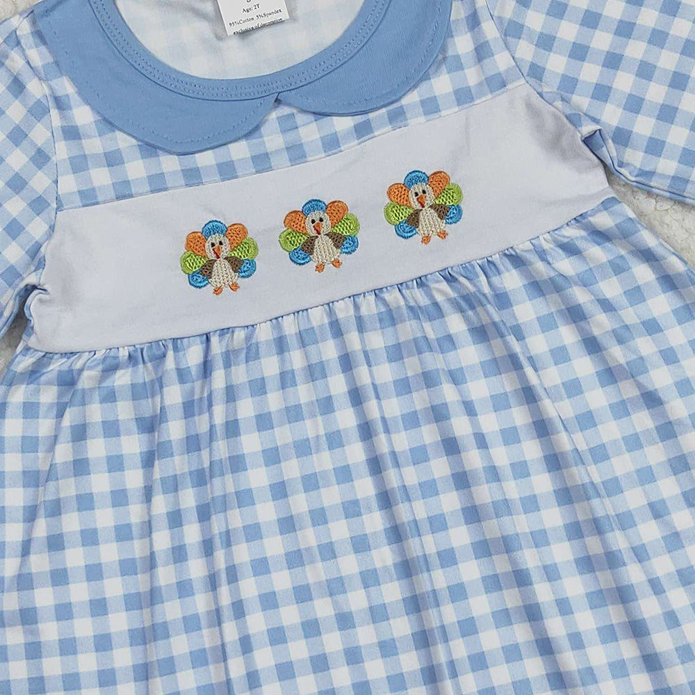 8.25  RTS NO MOQ （In stock）GLD1070 Baby Girls Winter Dress Embroidery Baby Girls Blue Checkered Thanksgiving Turkey Ruffle Knee Length Dress