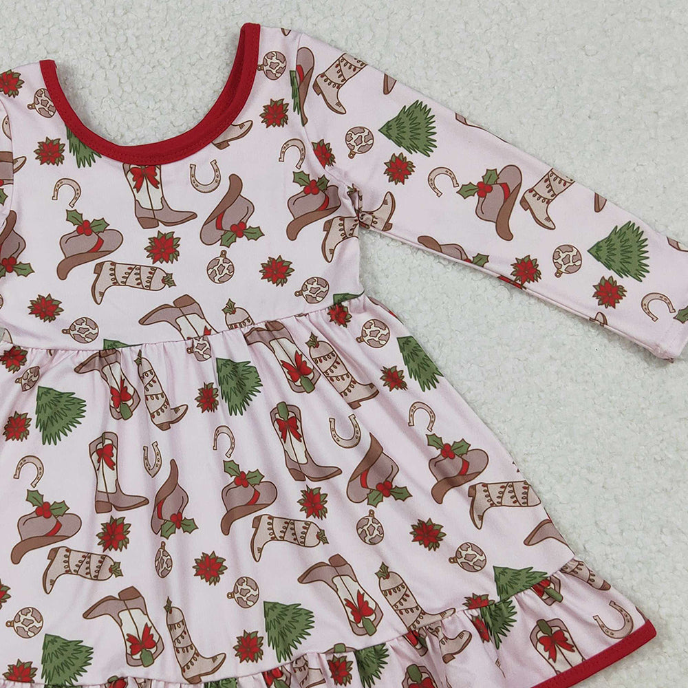 RTS NO MOQ （In stock）GLD1274 Baby Girls Winter Dress Boots Holly Christmas Ruffle Knee Length Dresses