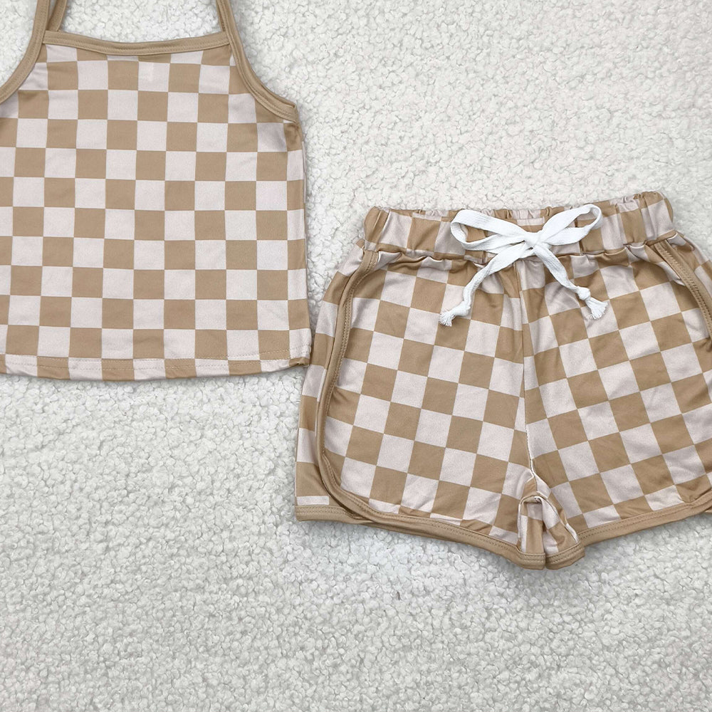 6.20 GSSO2335RTS NO MOQ Baby Girls Summer Outfits baby girls clothes plaid sleeveless shorts set