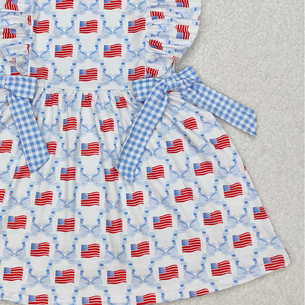 GSD1641Light Blue Plaid Bow Flag 4th of July Dress for Kids Girls Cute Patriotic Plaid Skirt with Bow Detail