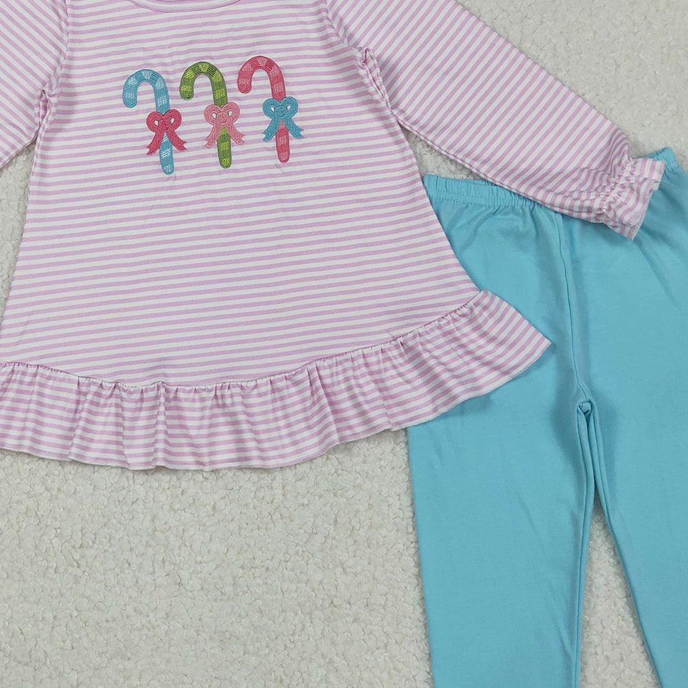 RTS NO MOQ （In stock）GLP2468 Baby Girls Winter Outfits Christmas Pink Stripe Candy Cane Tunic Legging Pants Sets