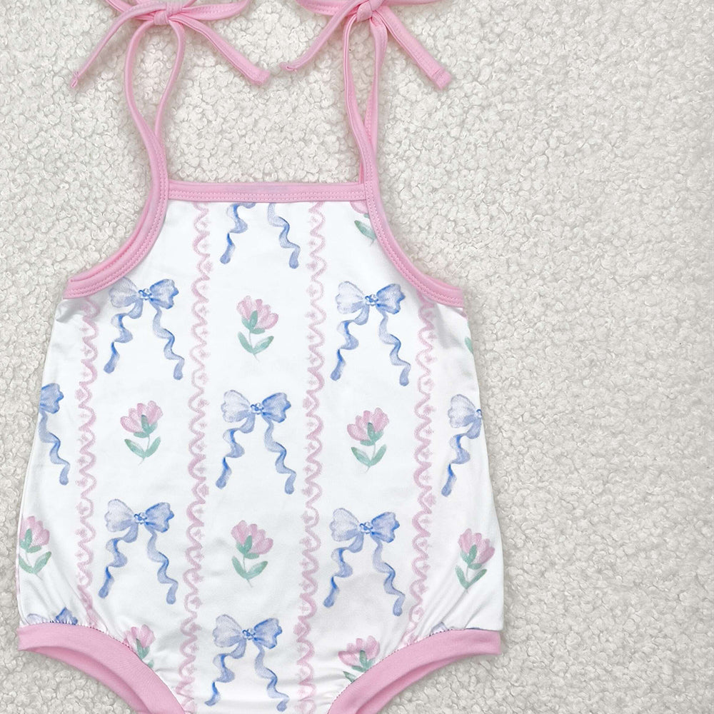 6.18 SR2858 RTS NO MOQ Baby Girls Summer Rompers Baby Infant Girls Blue Bows Flowers Straps Rompers