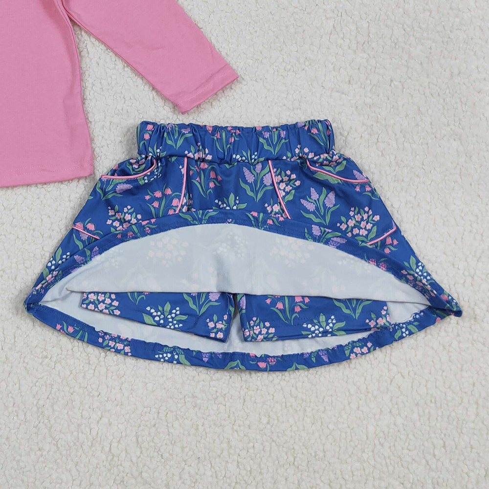 RTS NO MOQ （In stock）GLD1256 Baby Girls Skirt Sets Pink Long Sleeve Floral Top with Pockets for Girls Children's ClothingSet Skirt