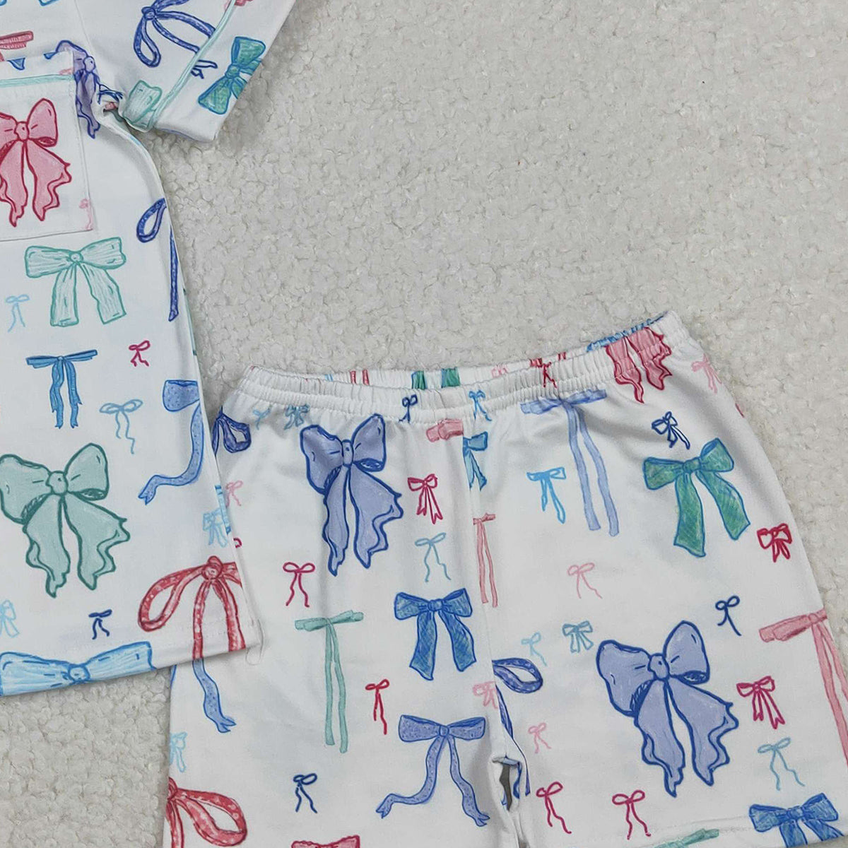 11.8 RTS NO MOQ （In stock）GSSO2217 Baby Girls Colorful Bows Buttons Shirts Top Shorts Pajamas Sets