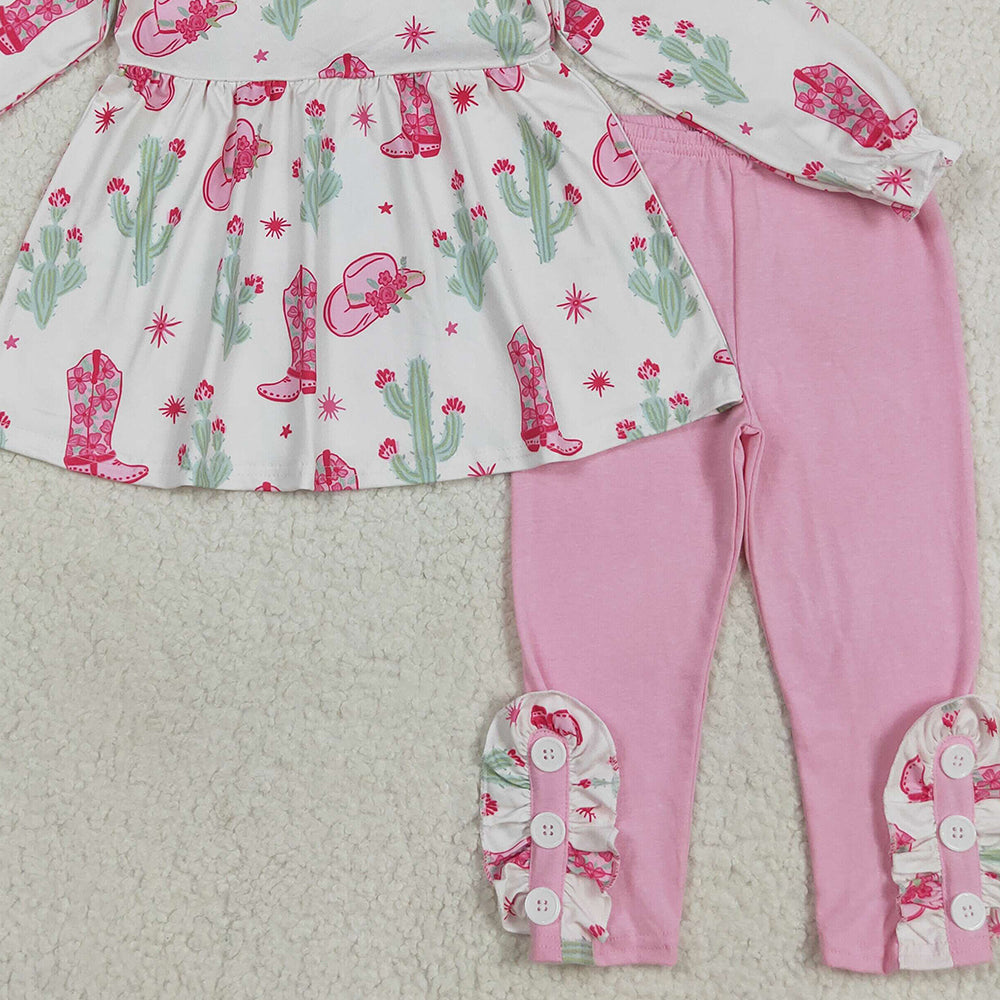 RTS NO MOQ （In stock）GLP2367 Baby Girls Winter Outfits Baby Girls Pink Boots Cactus Tunic Legging Pants Western Set