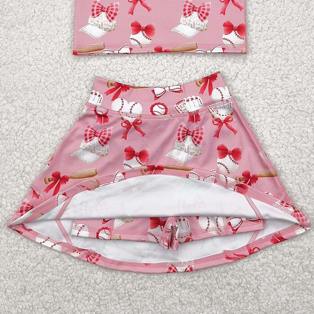 5.16  GSD2044 RTS NO MOQ Baby Girls Yoga Outfits Baby Girls Baseball Bows Athletic Active Wear Top Shorts Skirts Clothes Sets