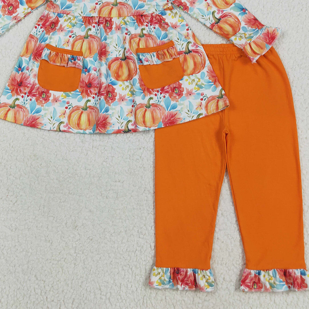 RTS NO MOQ （In stock）GLP2399 Baby Girls Winter Outfits Baby Girls Fall Pumpkins Pockets Tunic Legging Pants Set