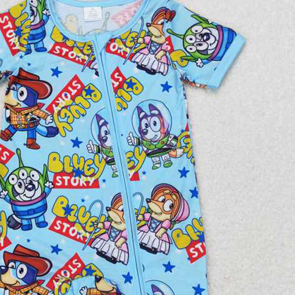 4.25 SR1723 RTS NO MOQ Short sleeves blue dog toy baby boy zipper romper
