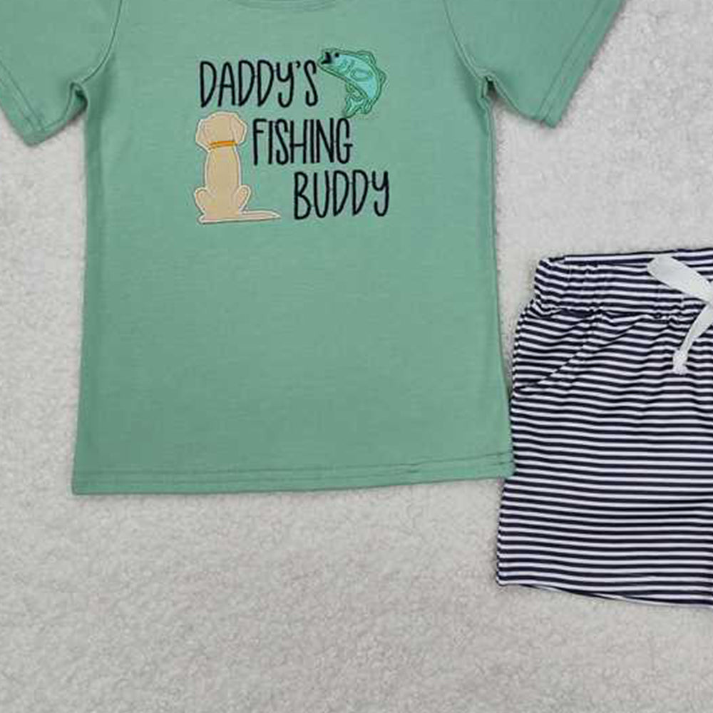 4.12 BSSO1147 RTS NO MOQ Baby Boys Embroidery Daddy's Fishing Stripe Shorts Set