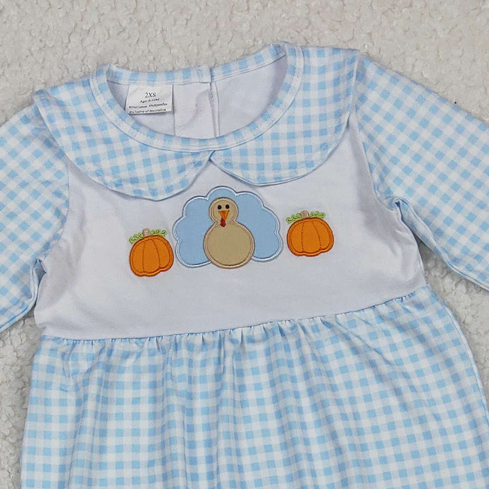 RTS NO MOQ （In stock）LR2561 Baby Boys Winter Rompers Embroidery Pumpkins Turkey Baby Infant Thanksgiving Fall Footed Rompers