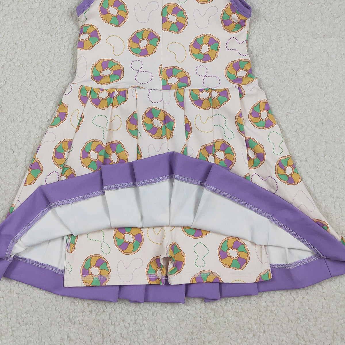 12.24 RTS NO MOQ （In stock）GSD2867 Baby Girls Mardigras Donuts Back Zip Yoga Active Shorts Knee Length Dresses