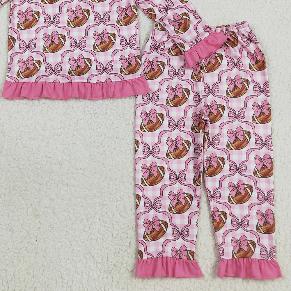RTS NO MOQ （In stock）GLP2535 Baby Girls Winter Outfits Baby Girls Pink Bows Footballs Top Pant Team Pajamas Set