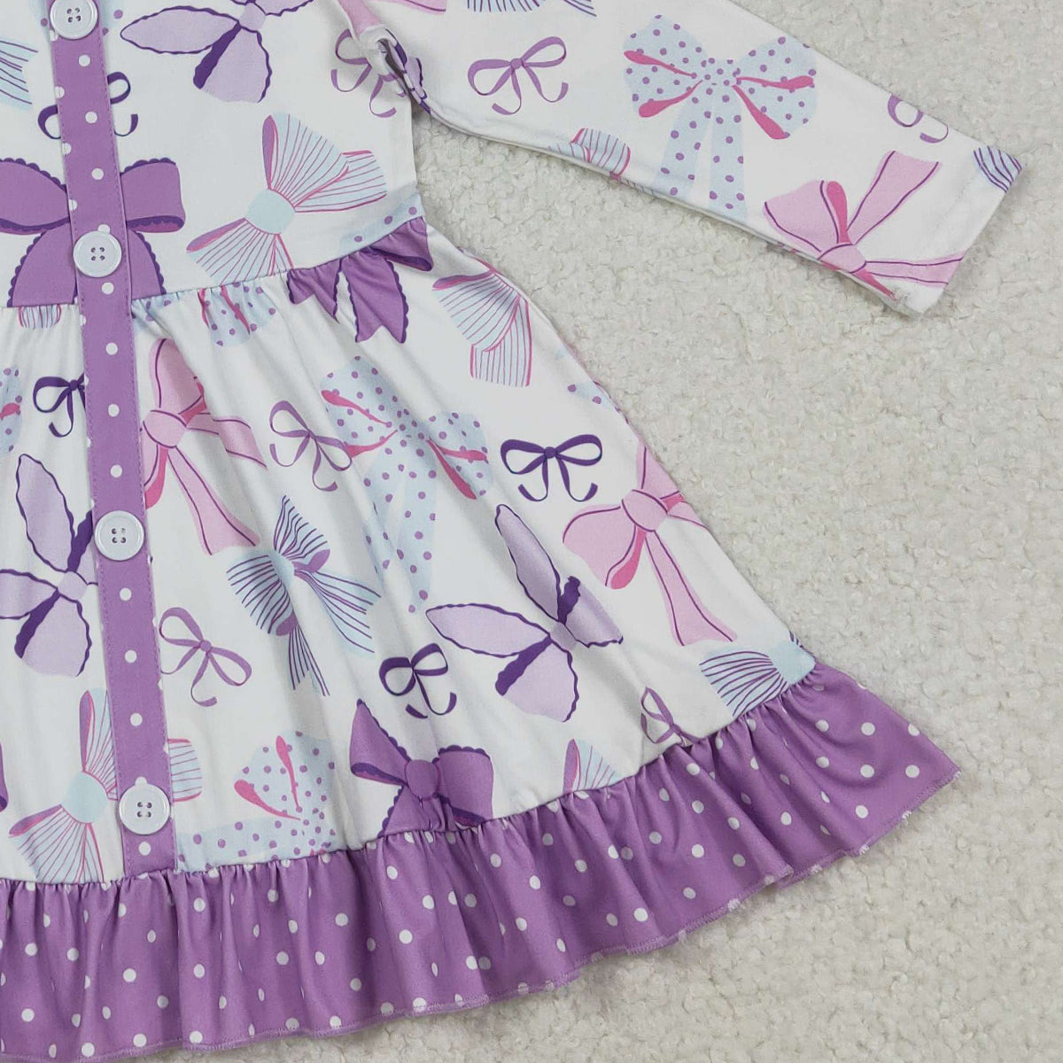 12.5 RTS NO MOQ （In stock）GLD1271 Baby Girls Winter Dress Baby Girls Purple Bows Button Ruffle Knee Length Dresses