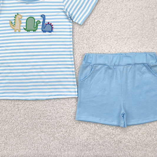 BSSO1375 RTS NO MOQ Baby Boys Summer Boys Outfits Embroidery Baby Boys Blue Dinosaurs Shirt Tops Shorts Clothes Sets
