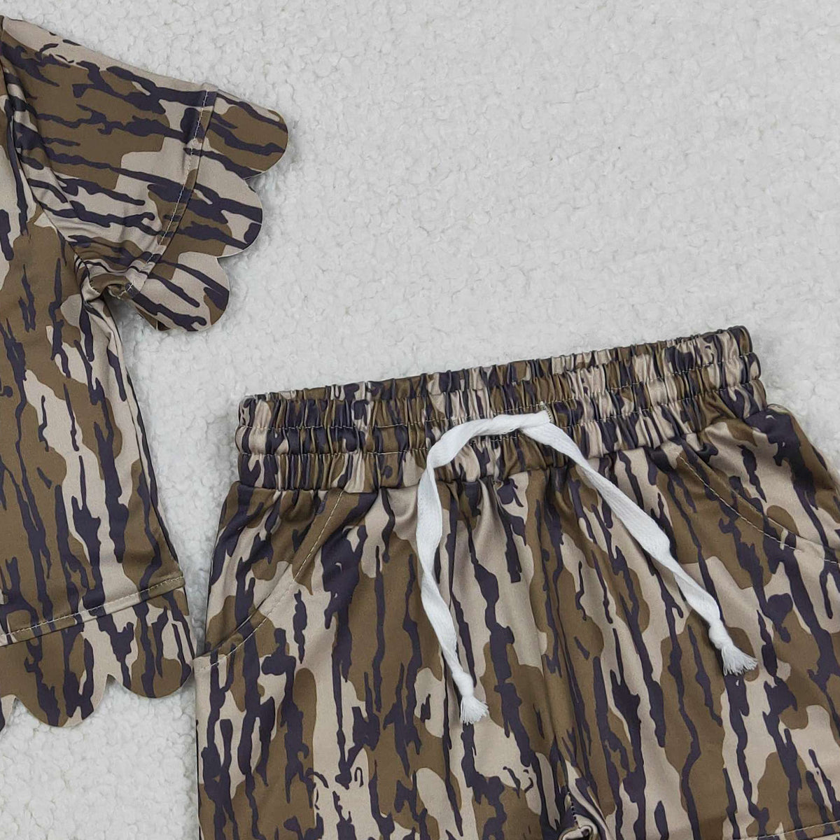 4.1 RTS NO MOQ （In stock）GSSO3225 Olive camo scallop top shorts girls summer outfit