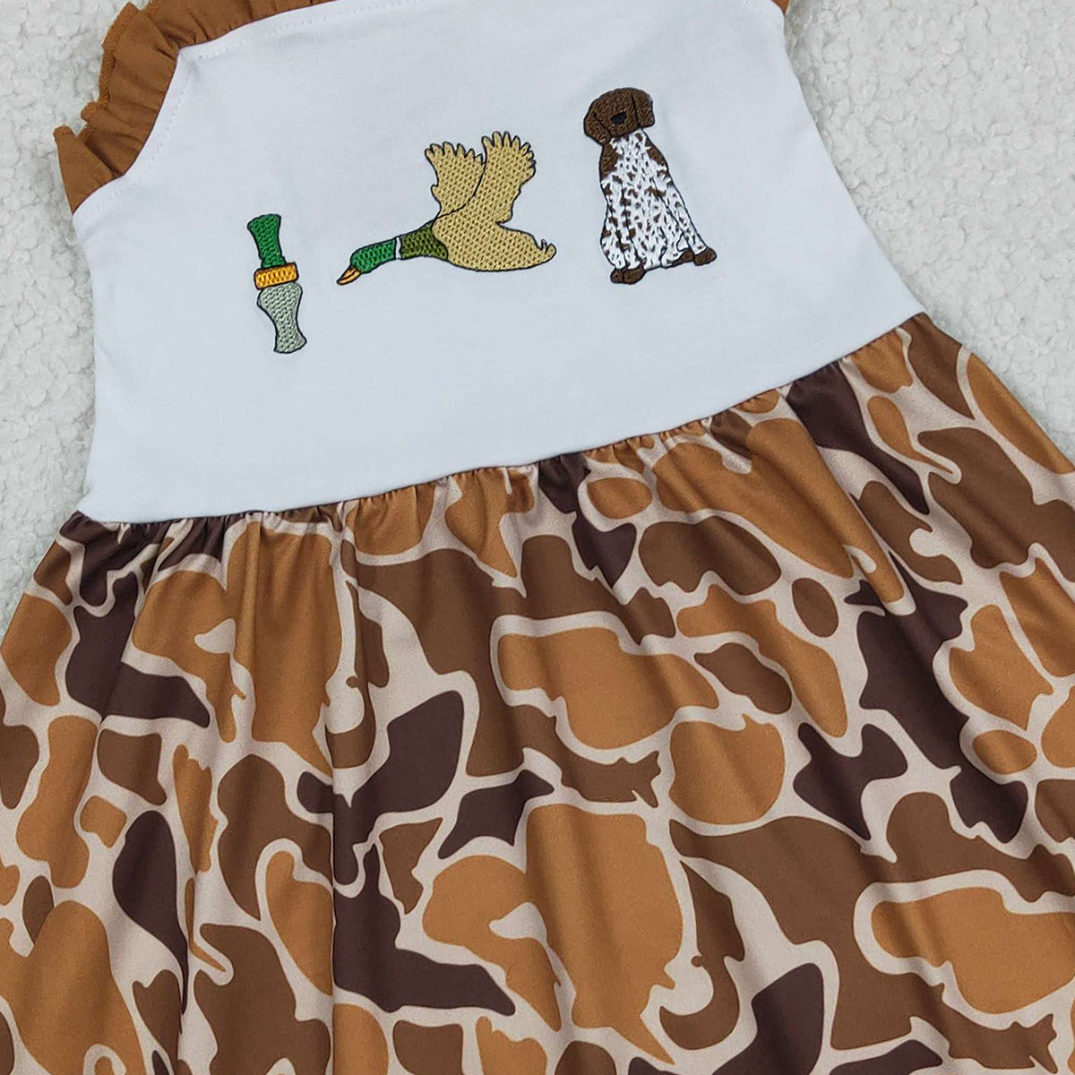 3.17 RTS NO MOQ （In stock）GSD1518 Kids Fashion Clothes Baby Girls Embroidery Duck Dogs Summer Strap Camo Hunting Knee Length Dress