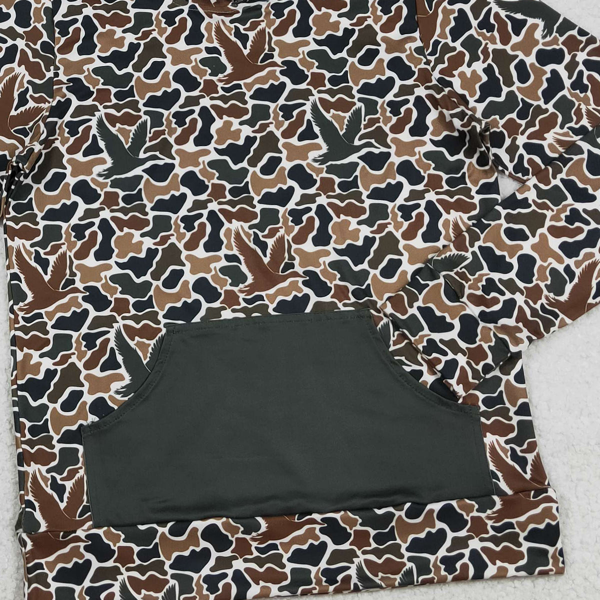 12.12 RTS NO MOQ （In stock）BT1472 Adult Men Dark Brown Ducks Camo Pocket Southern Hunting Hoodies Top