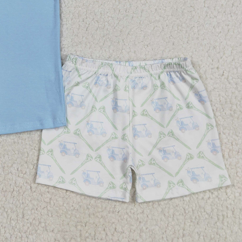 BSSO1494 RTS NO MOQ Baby Boys Summer Boys Outfits Embroidery Baby Boys Blue Short Sleeves Button Golf Top Pocket Short Set