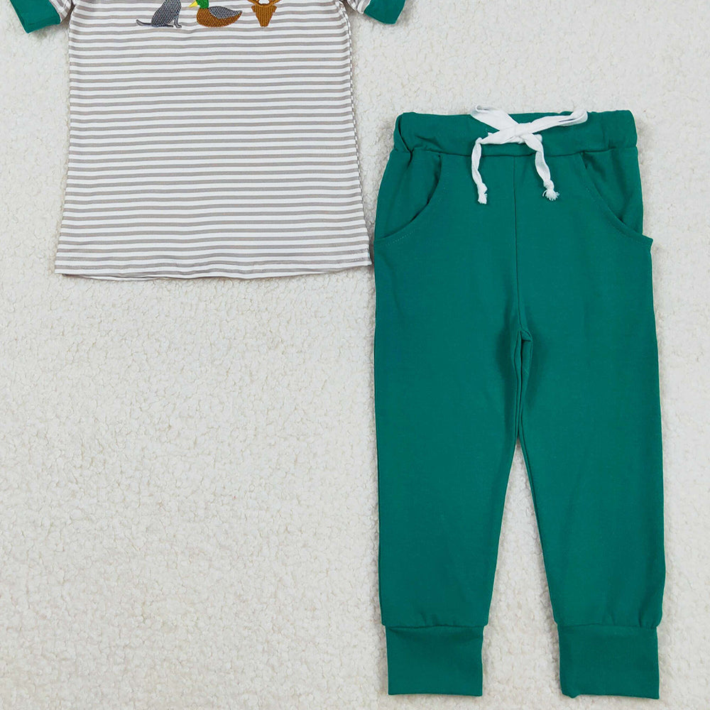 RTS NO MOQ （In stock）BSPO0154 Baby Boys Autumn Outfits Embroidery Baby Boys Stripes Duck Pants Clothing Sets