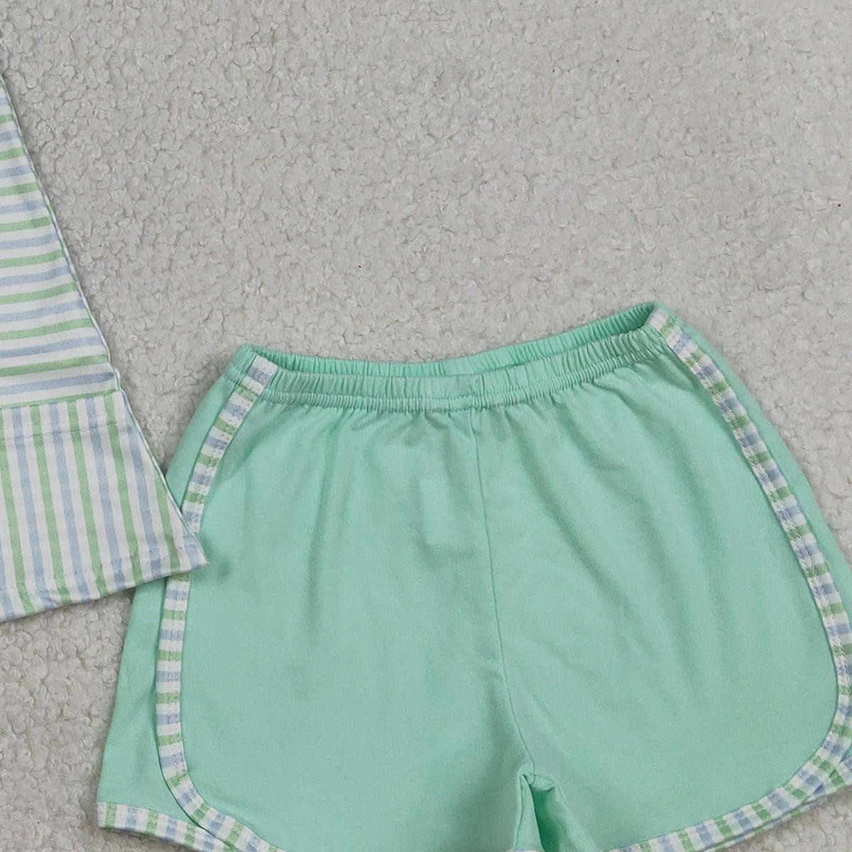 3.11 RTS NO MOQ （In stock）GSSO3110 Kids Clothing for Girls Baby Girls Strap Green Stripe Pockets Tunic Shorts Clothes Sets