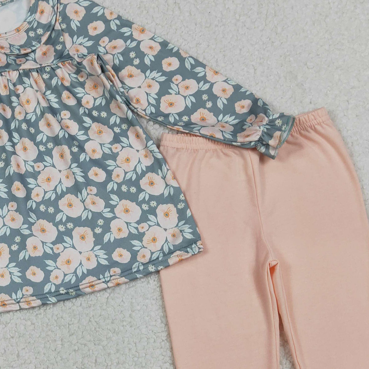 3.9 RTS NO MOQ （In stock）GLP2776 Baby Girls Fashion Long Ruffle Sleeve Flowers Tunic Leggings Pant Clothes Set