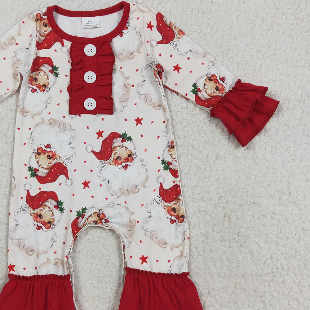 8.20 RTS NO MOQ （In stock）LR2395 Baby Girls Winter Rompers Baby Girls Christmas Long Sleeves Santa Stars Button Ruffle Rompers
