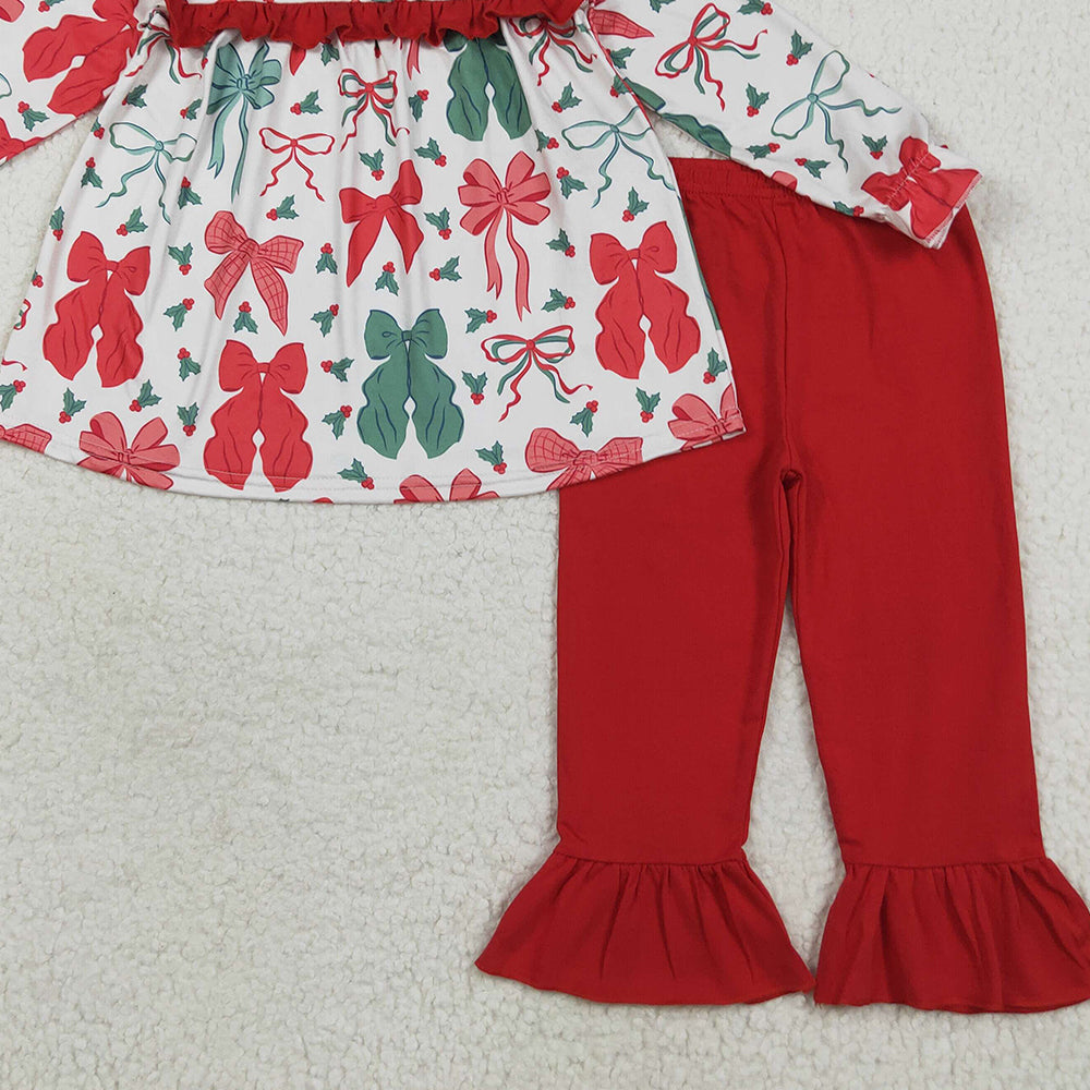 RTS NO MOQ （In stock）GLP2346 Baby Girls Winter Outfits Baby Girls Christmas Red Green Bows Tunic Ruffle Pants Sets