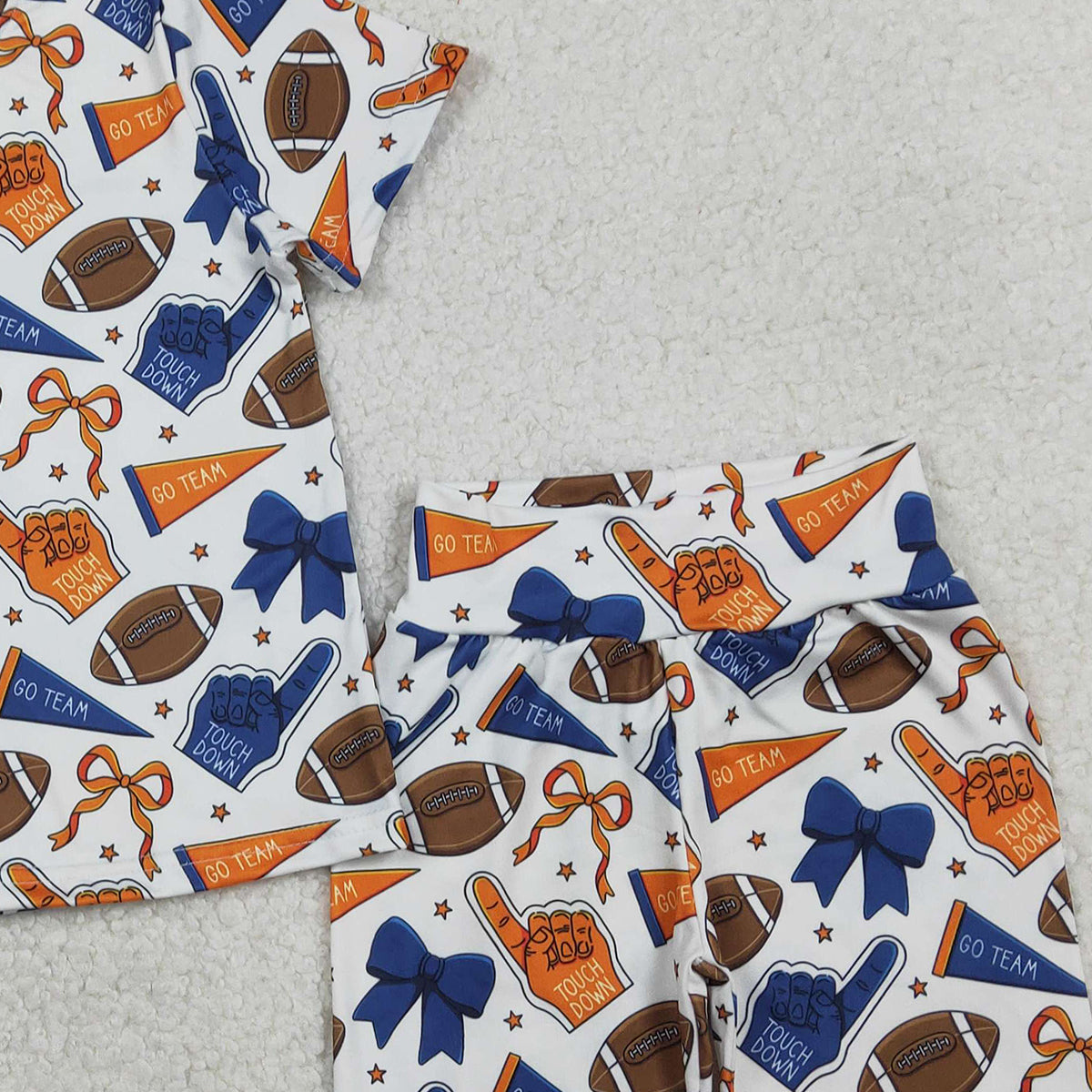 1.26 RTS NO MOQ （In stock）GSSO2722 Baby Girls Blue Orange Bows Footballs Top Shorts Team Pajamas Clothes Sets