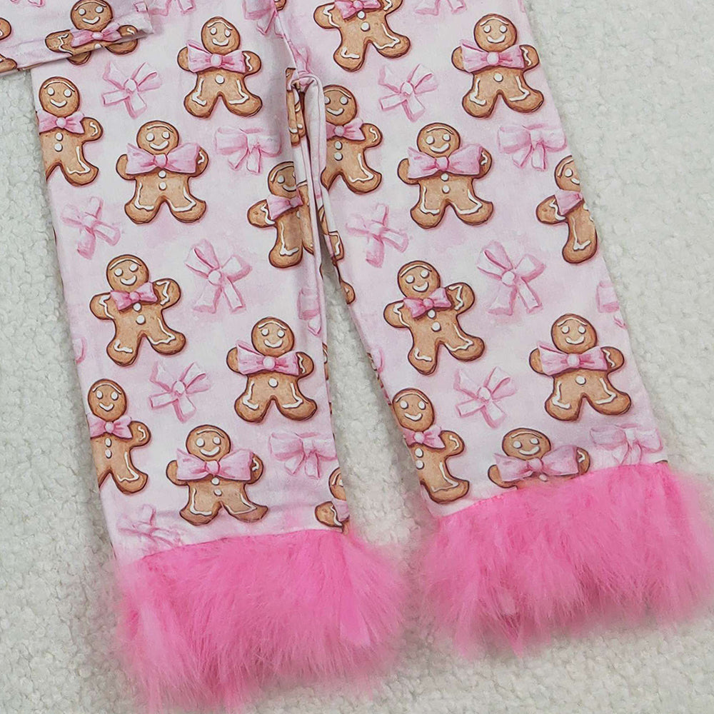 RTS NO MOQ （In stock）GLP2374 Baby Girls Winter Outfits Girls Pink Fur Pajamas with Gingerbread Bow Christmas Theme Button down Nightwear for Kids